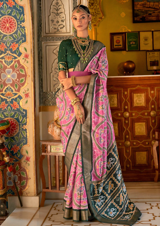 Single ikat patola sarees online usa in pink color with green blouse.