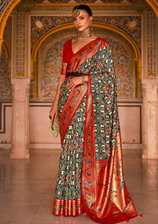 Handloom Patola sarees online shopping india with price in green red colour combination.