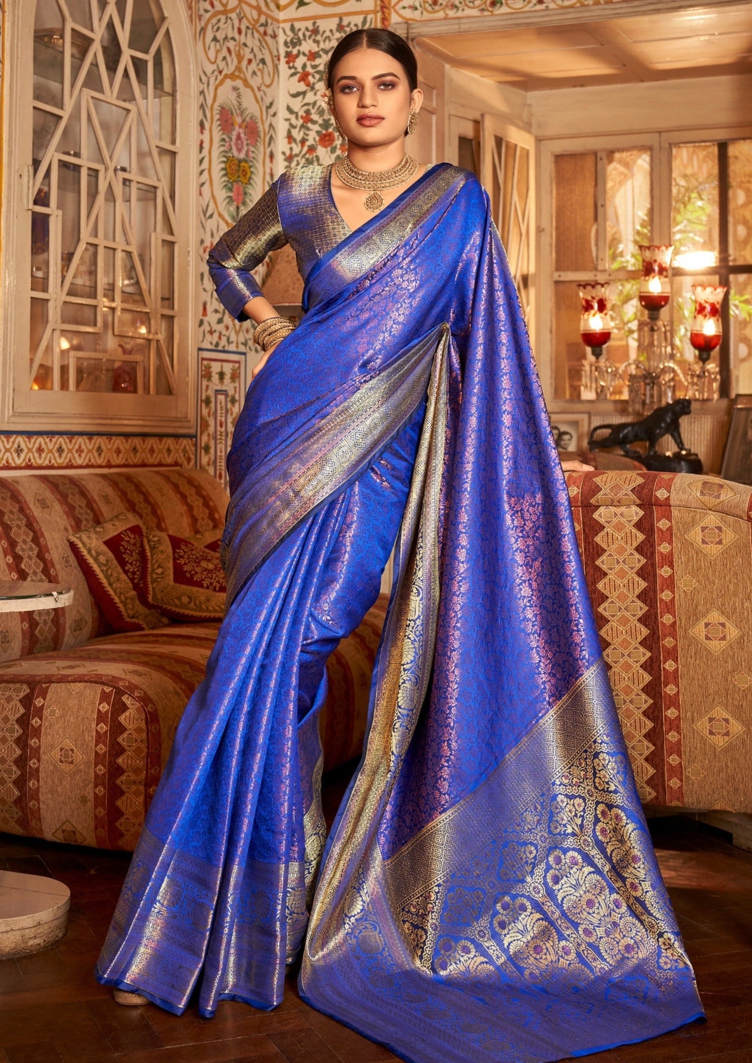 Kanjivaram pure silk saree online for wedding in blue color.