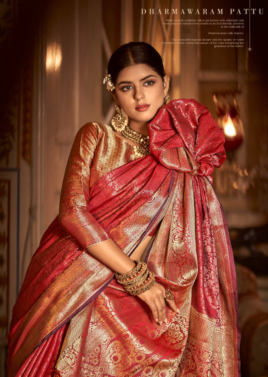 Kanchipuram pattu silk red saree online for bride.