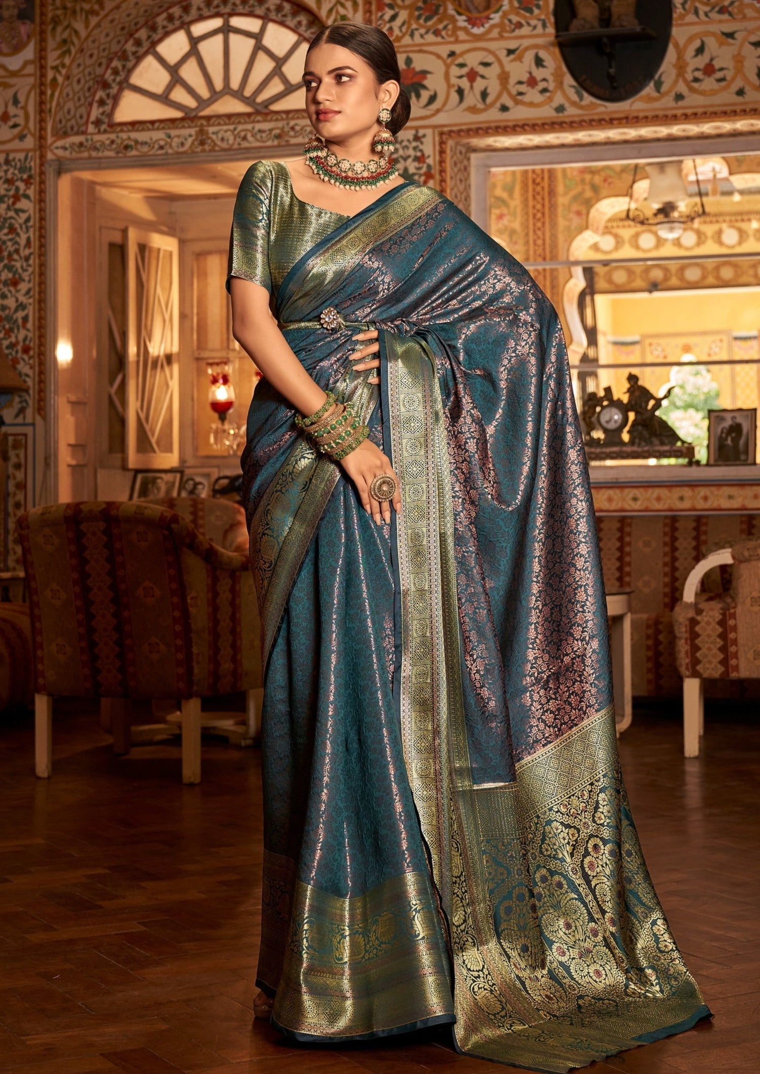 Peacock Blue Kanchipuram Silk Saree | Golden Zeri Elegance