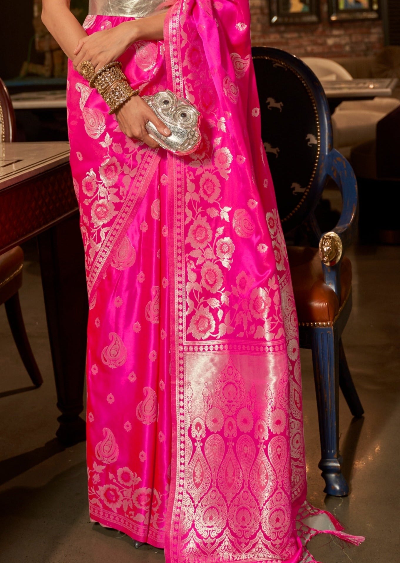 Pure Banarasi Satin Silk Pink Handloom Saree