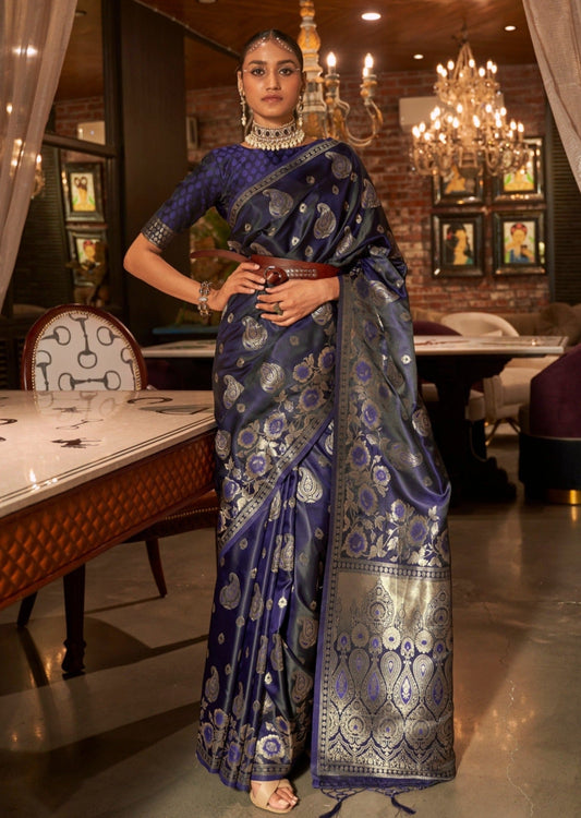 Pure Banarasi Satin Silk Blue Handloom Saree