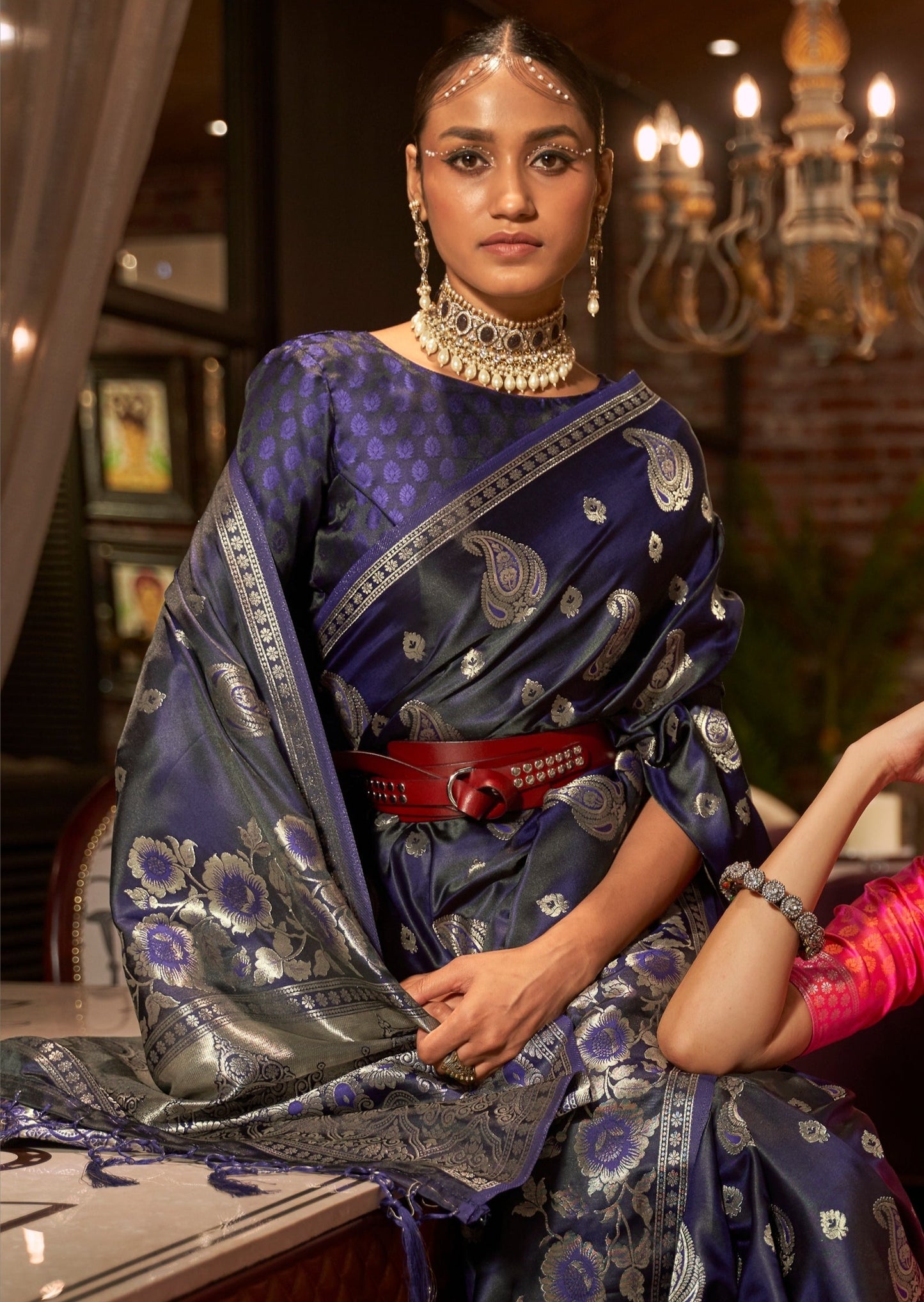 Pure Banarasi Satin Silk Blue Handloom Saree
