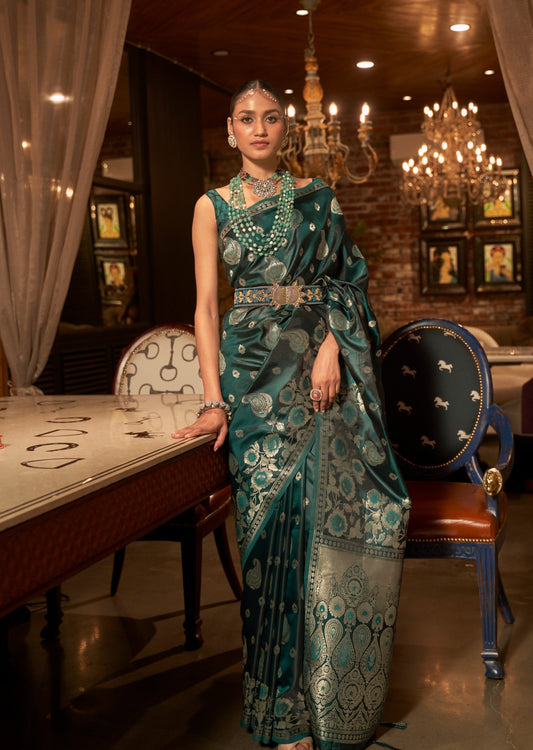 Pure Satin Silk Green Handloom Saree