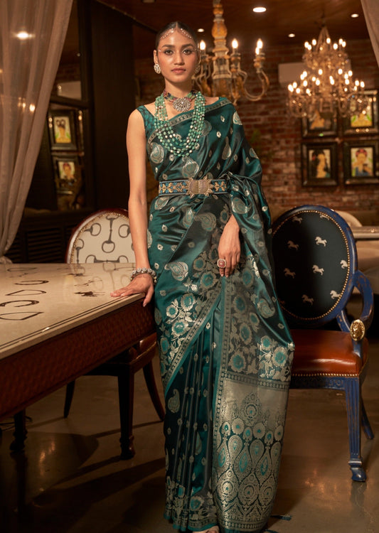 Pure Banarasi Satin Silk Green Handloom Saree