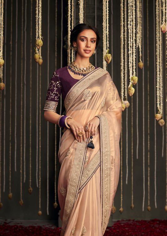 Glamourous Peach Color Saree With Stitched Blouse - Clothsvi