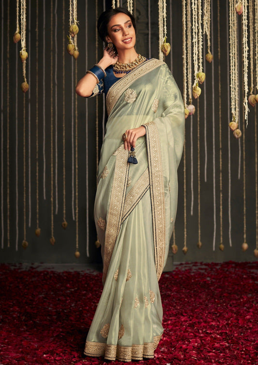 Buy Party Wear Pista Green Embroidery Work Tissue Silk Saree Online From  Surat Wholesale Shop.