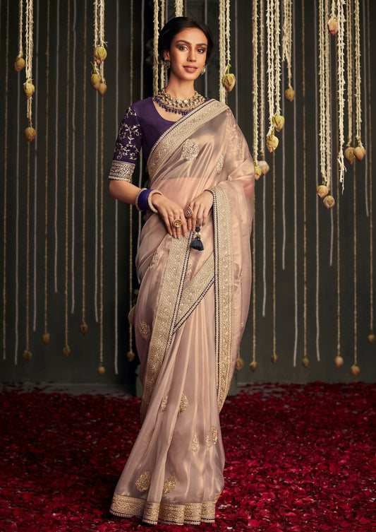 Organza saree party wear pink color online shopping.