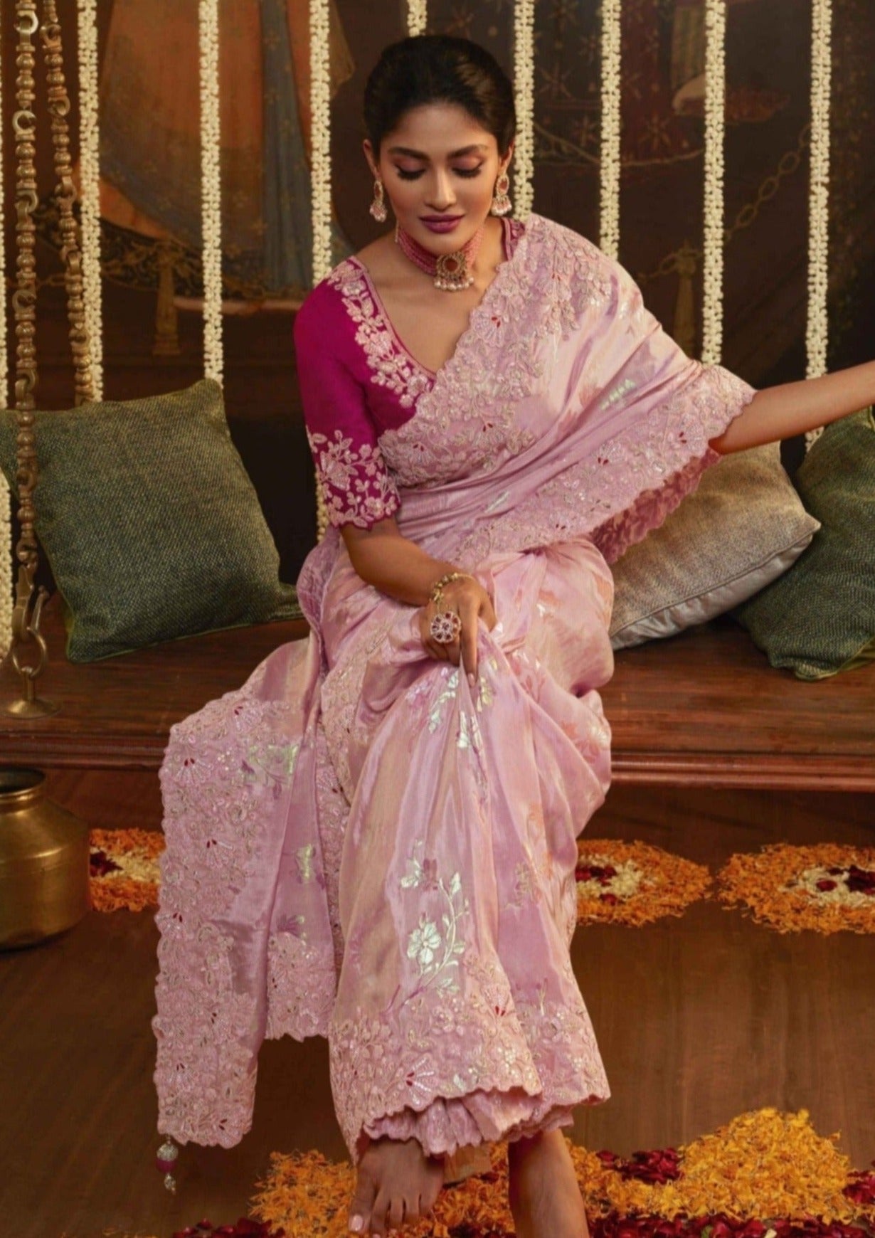 Pink Embroidered Designer Organza Party Wear Saree Online Shopping