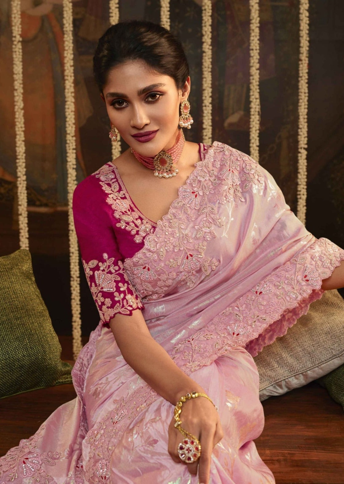 Jewellery Designer Organza Sarees With Price Pink Embroidered