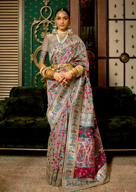 Tanchoi kashmiri jamawar mud grey pashmina saree online.