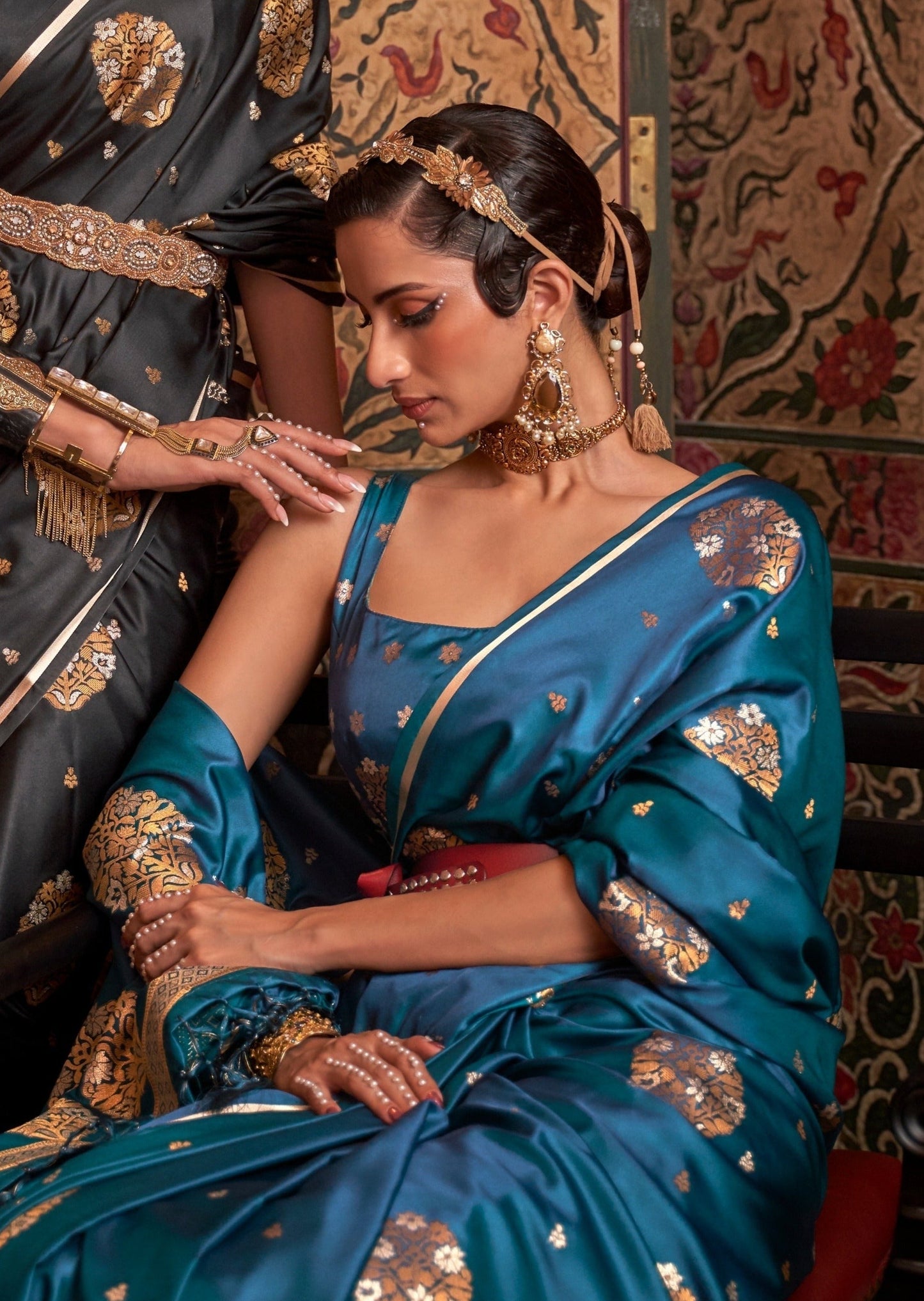 Copper Zari Weaving Pure Satin Silk Electric Blue Saree