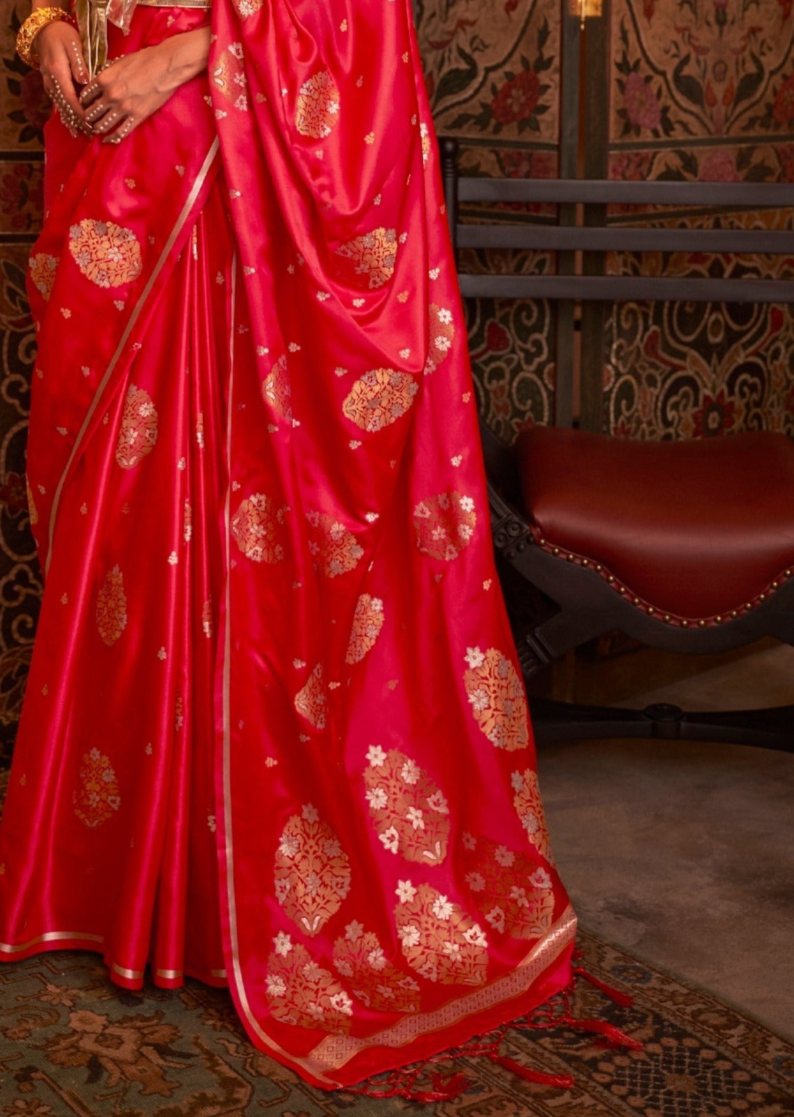 Copper Zari Weaving Pure Banarasi Satin Silk Red Saree