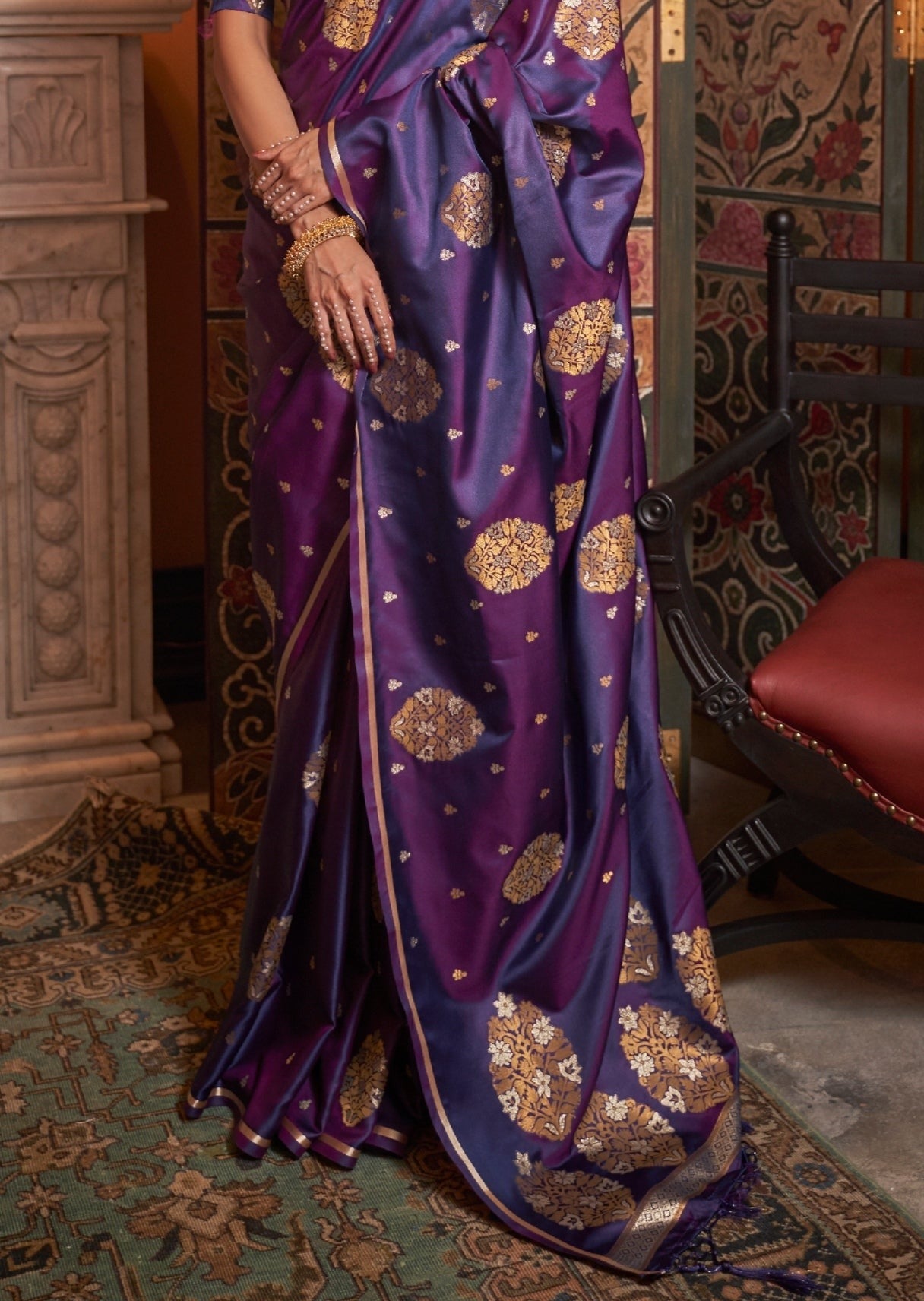 Copper Zari Weaving Pure Satin Silk Violet Purple Saree
