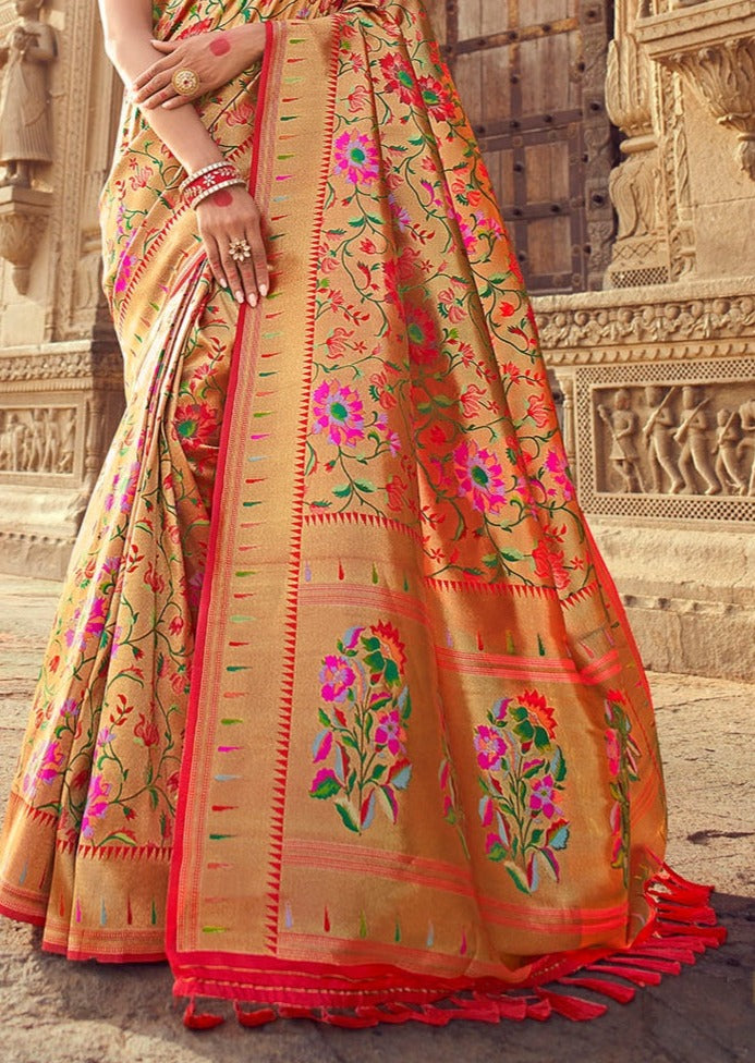 Pure Paithani Silk Handloom Wedding Red & Golden Saree (Pre-order)