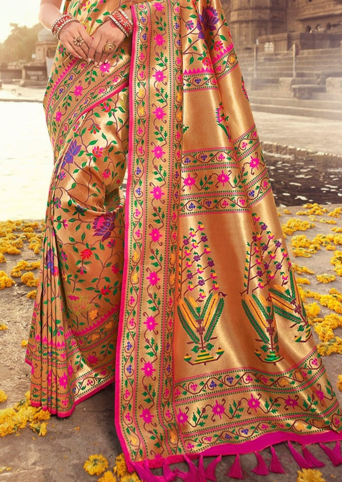 Pure Paithani Silk Handloom Zari Bridal Golden Saree (Pre-order)