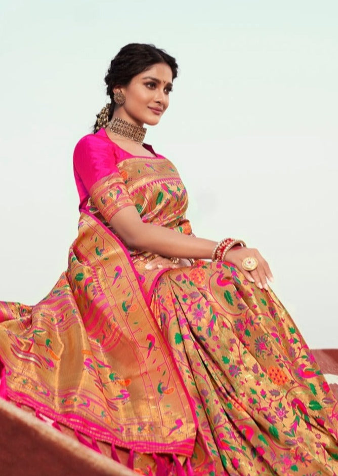 Pure Paithani Silk Gold Zari Handloom Pink Saree (Pre-order)