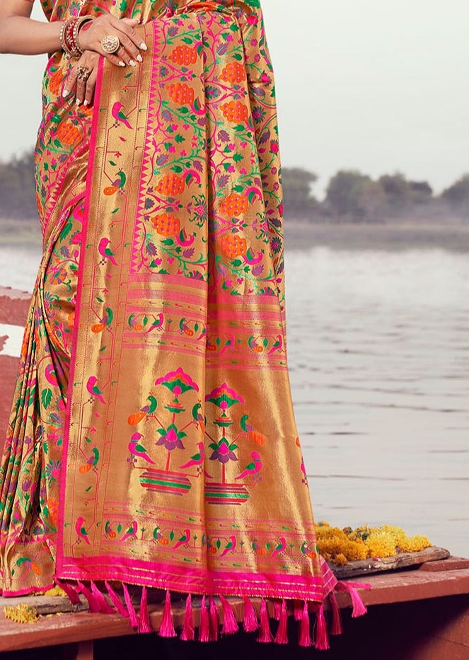 Pure Paithani Silk Gold Zari Handloom Pink Saree (Pre-order)