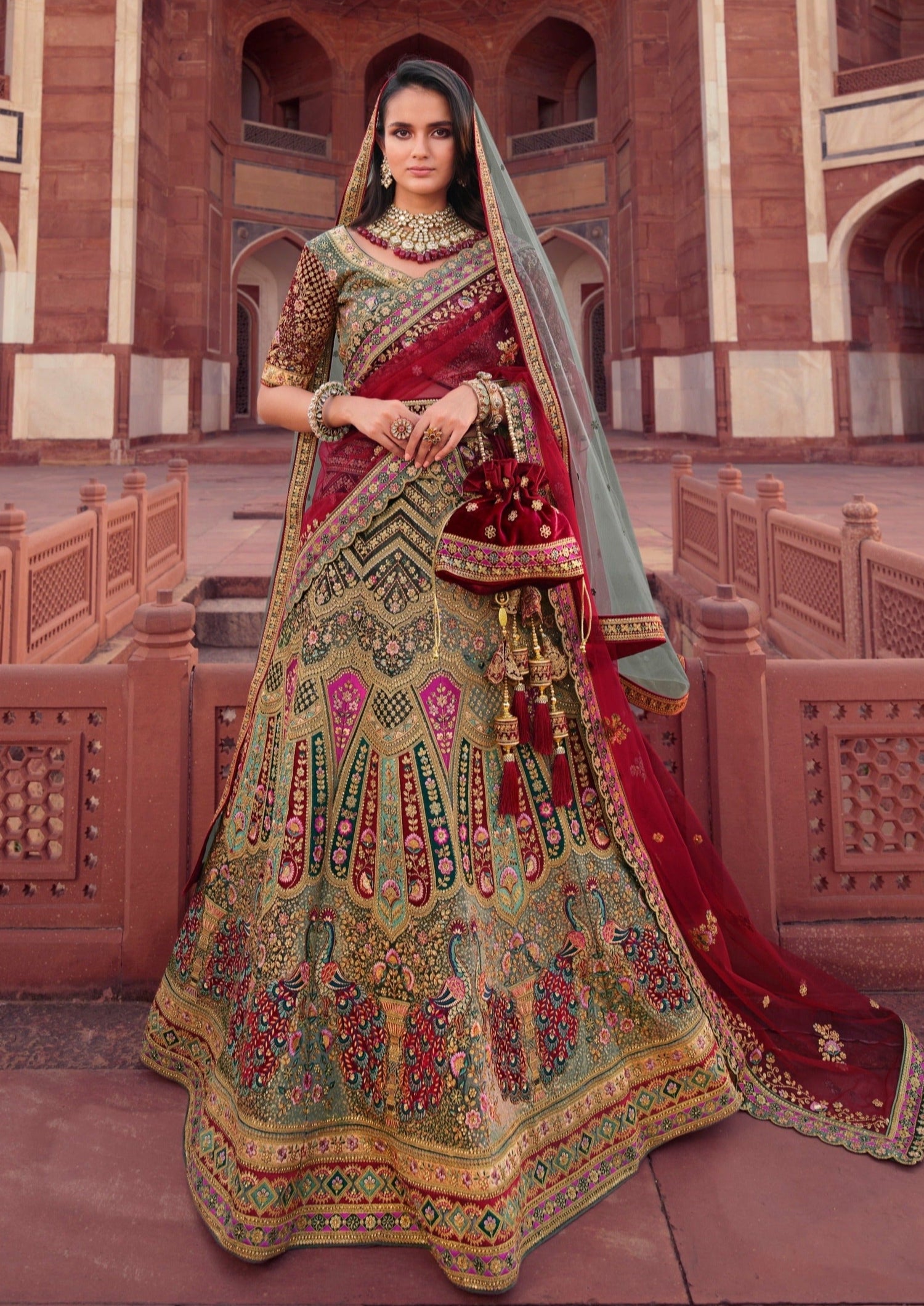 Embroidered Net Lehenga in Red : LCC789