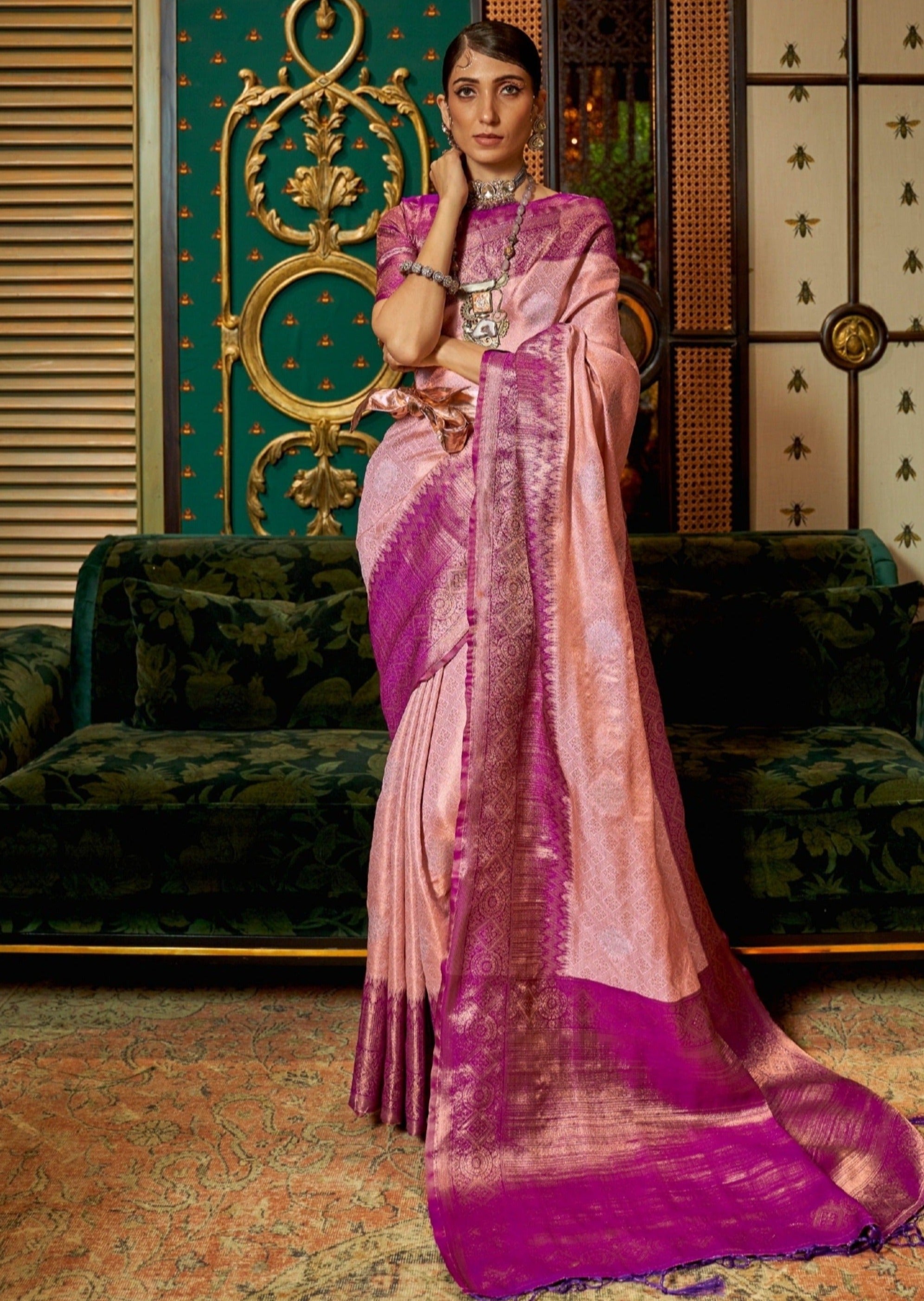 Pink Zari Woven Embroidered Silk Blend Banarasi Saree main image 1