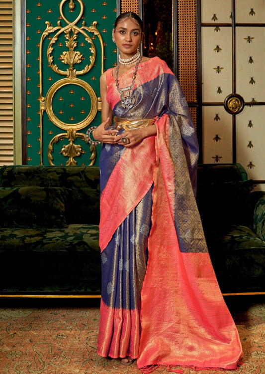 Banarasi silk saree india usa online shopping in blue and orange color combination.