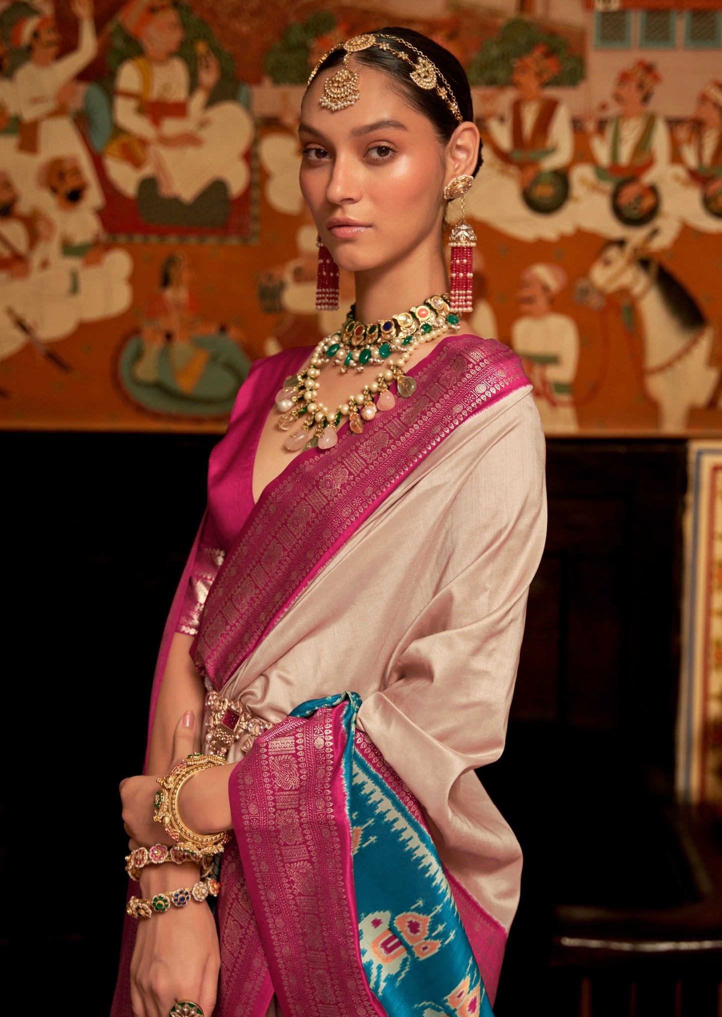 Cream and Pink Patola Saree