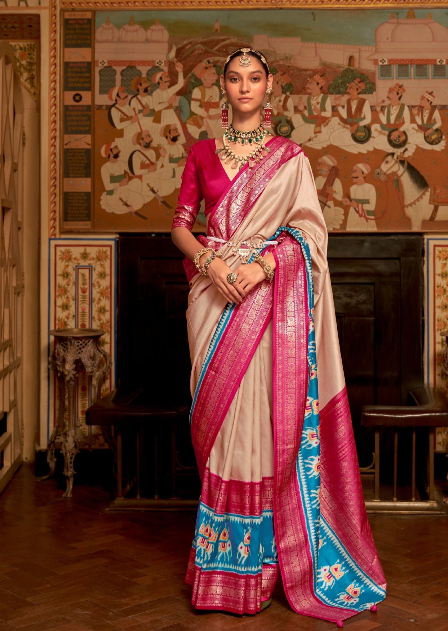 Cream and Pink Patola Saree