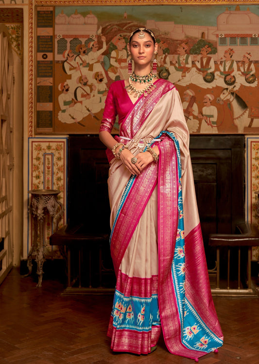 Cream and Pink Patola Saree