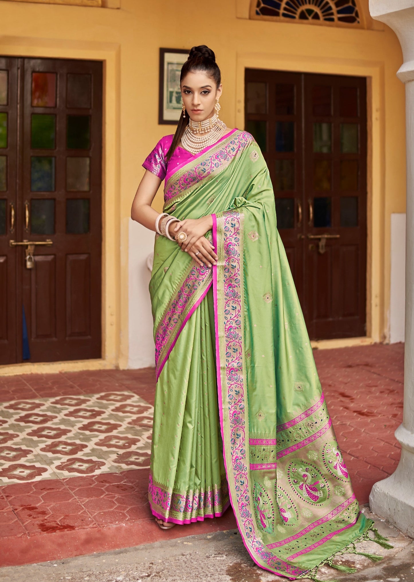 Pure Silk Weaving Lawn Green Saree