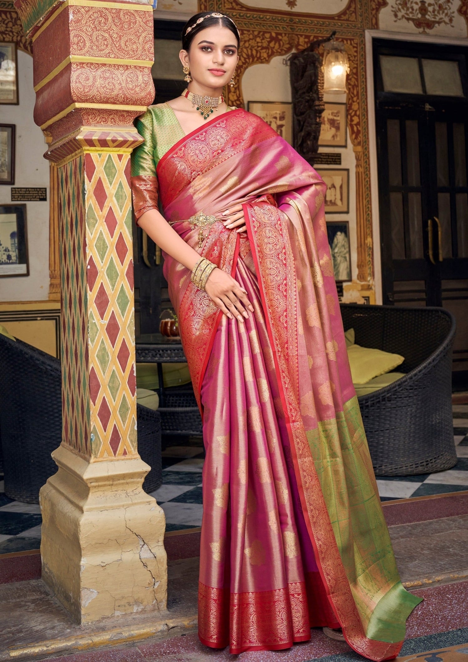 Red uppada Silver tissue saree with kundan worked maggam work blouse. For  more details please con… | Pattu saree blouse designs, Stylish sarees, Silk  saree banarasi