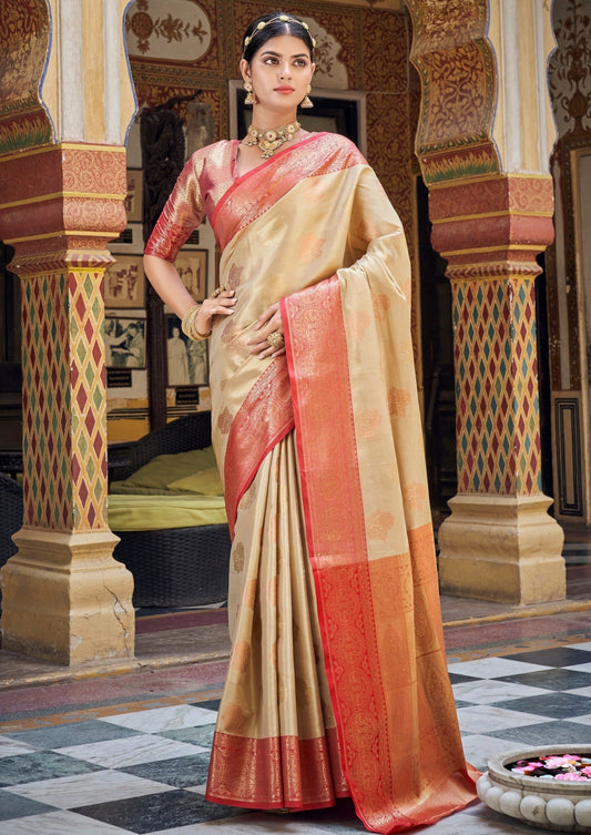 Cream and Red Banarasi Tissue Silk Saree online shopping price.