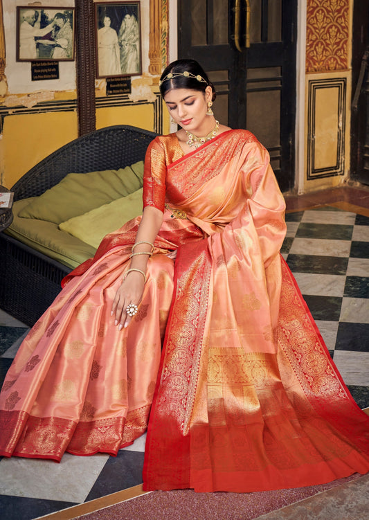 Pure Banarasi Handloom Tissue Silk Peach Saree