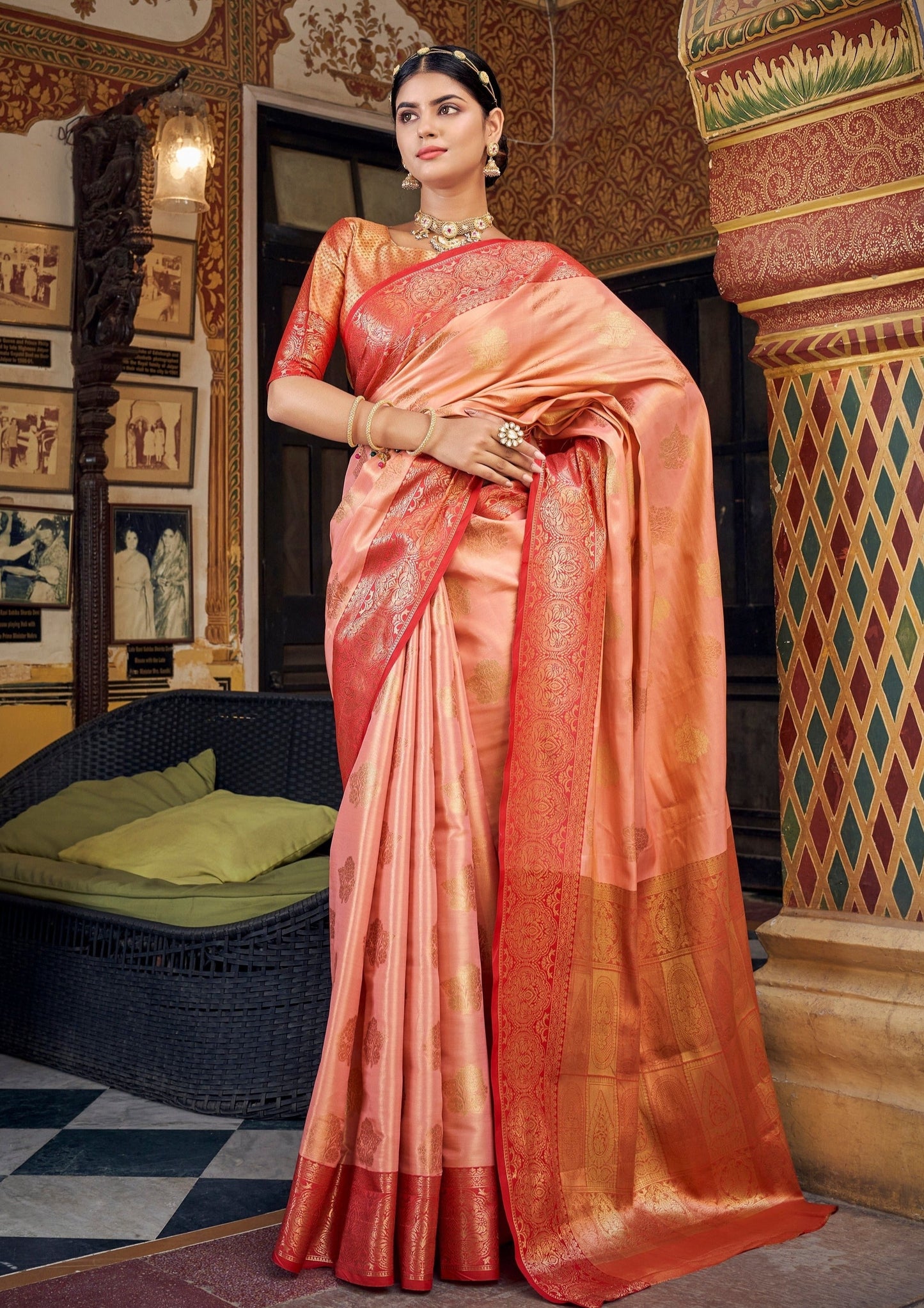 Pure Banarasi Handloom Tissue Silk Peach Saree