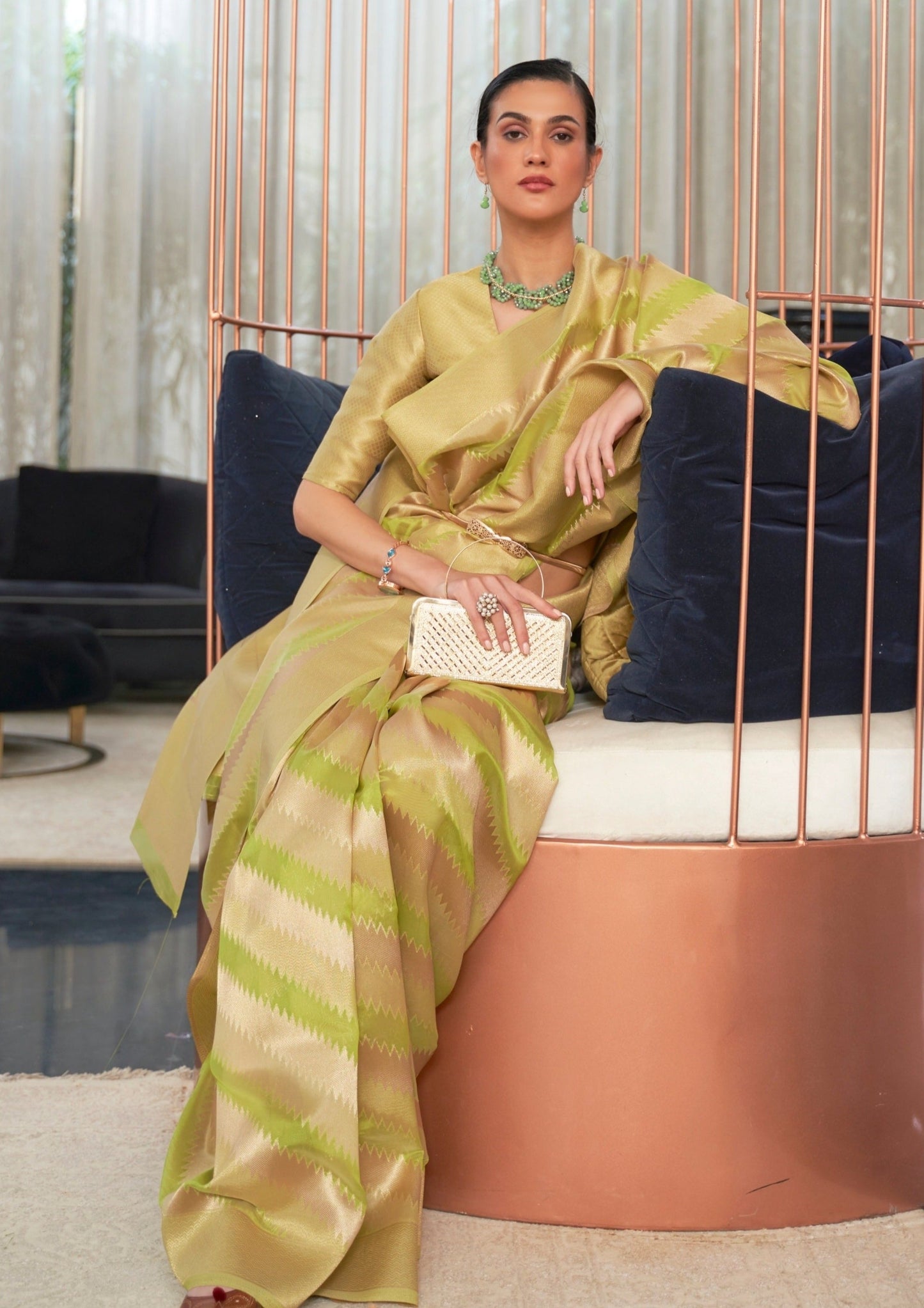 Pure handloom banarasi organza green saree online with price.