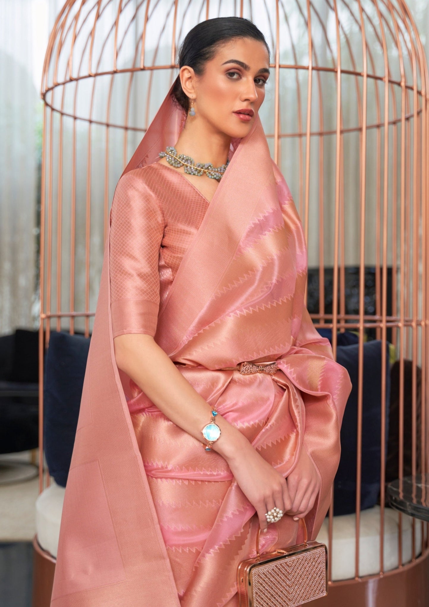 Pink organza handloom saree online India.