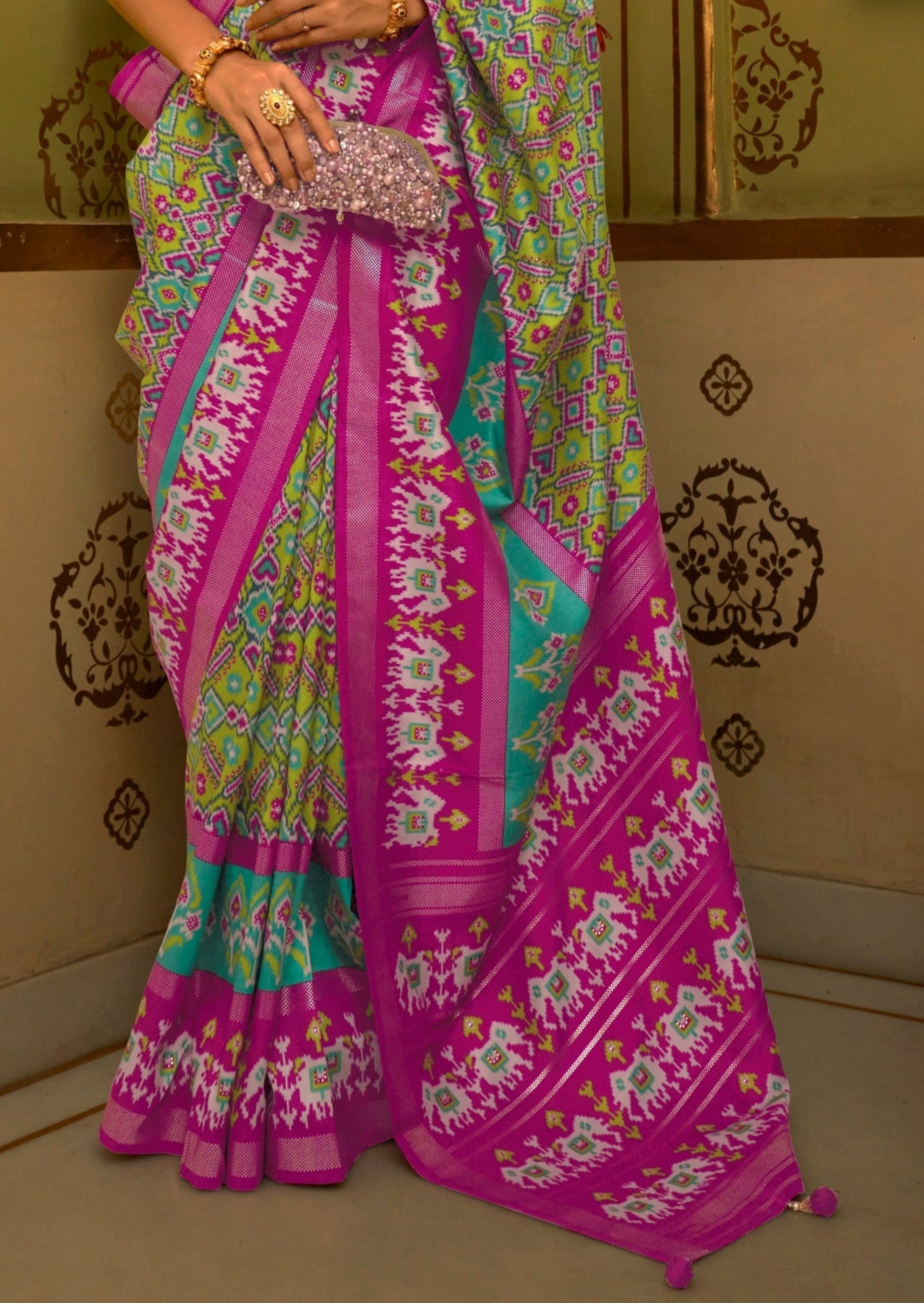 Yellow and Pink Multicolor Patola Silk Saree