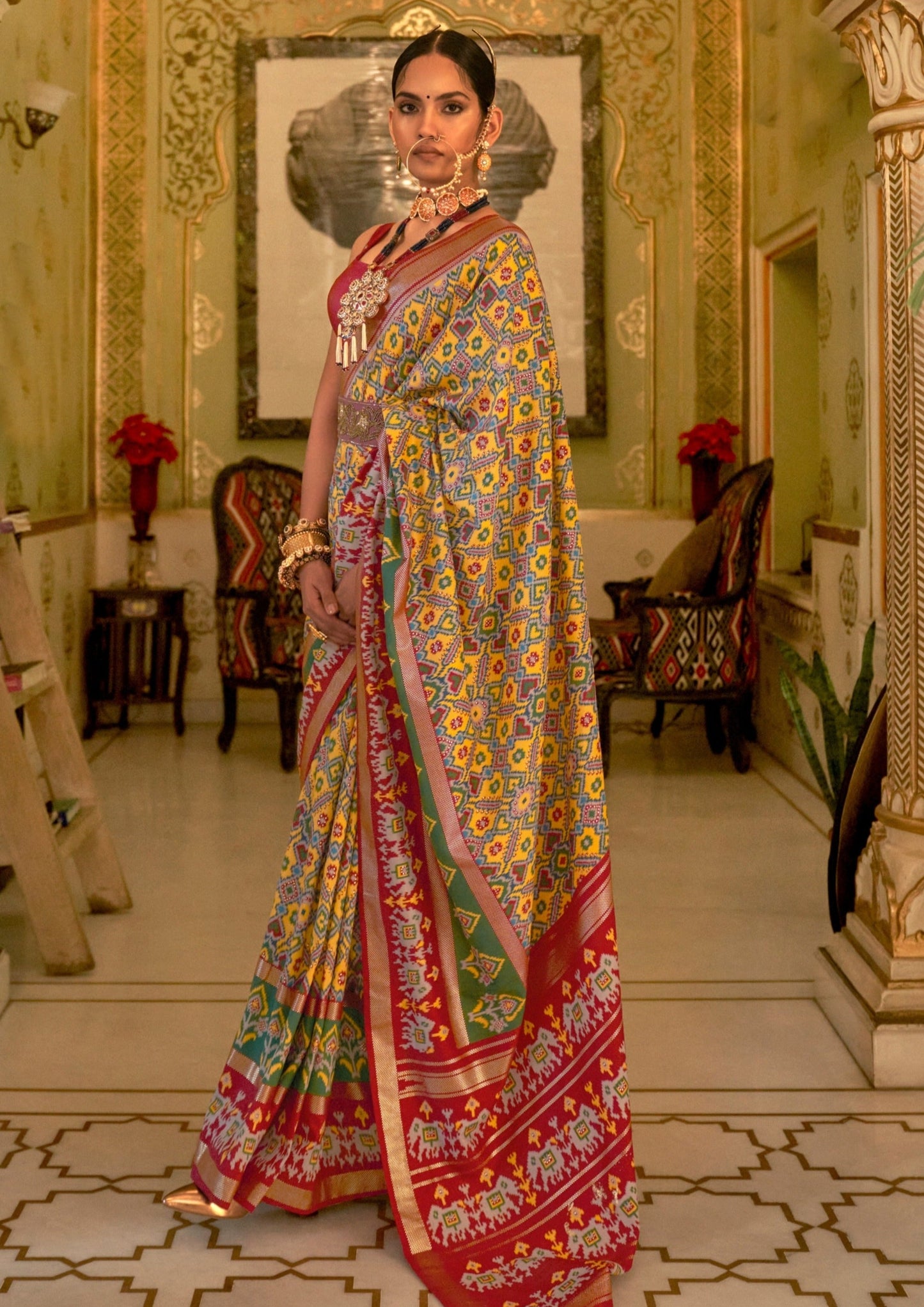 Yellow and Red Multicolor Patola Silk Saree