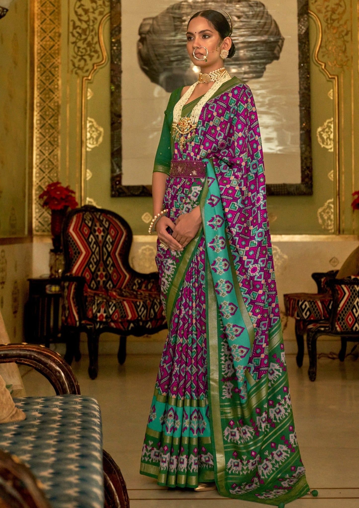 Magenta Pink Patola Silk Ikkat Saree