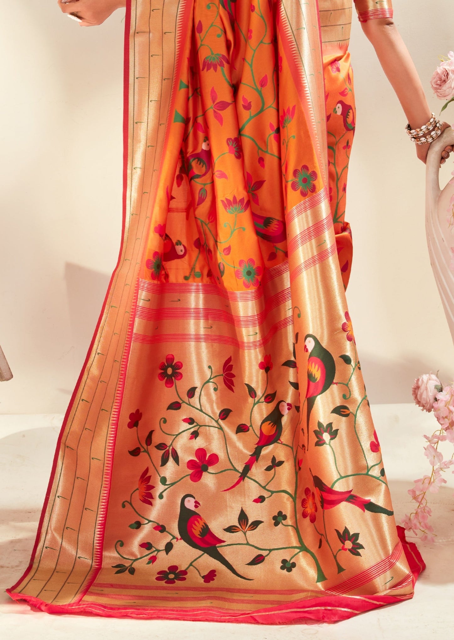 Handloom Paithani Silk Saffron Orange Saree