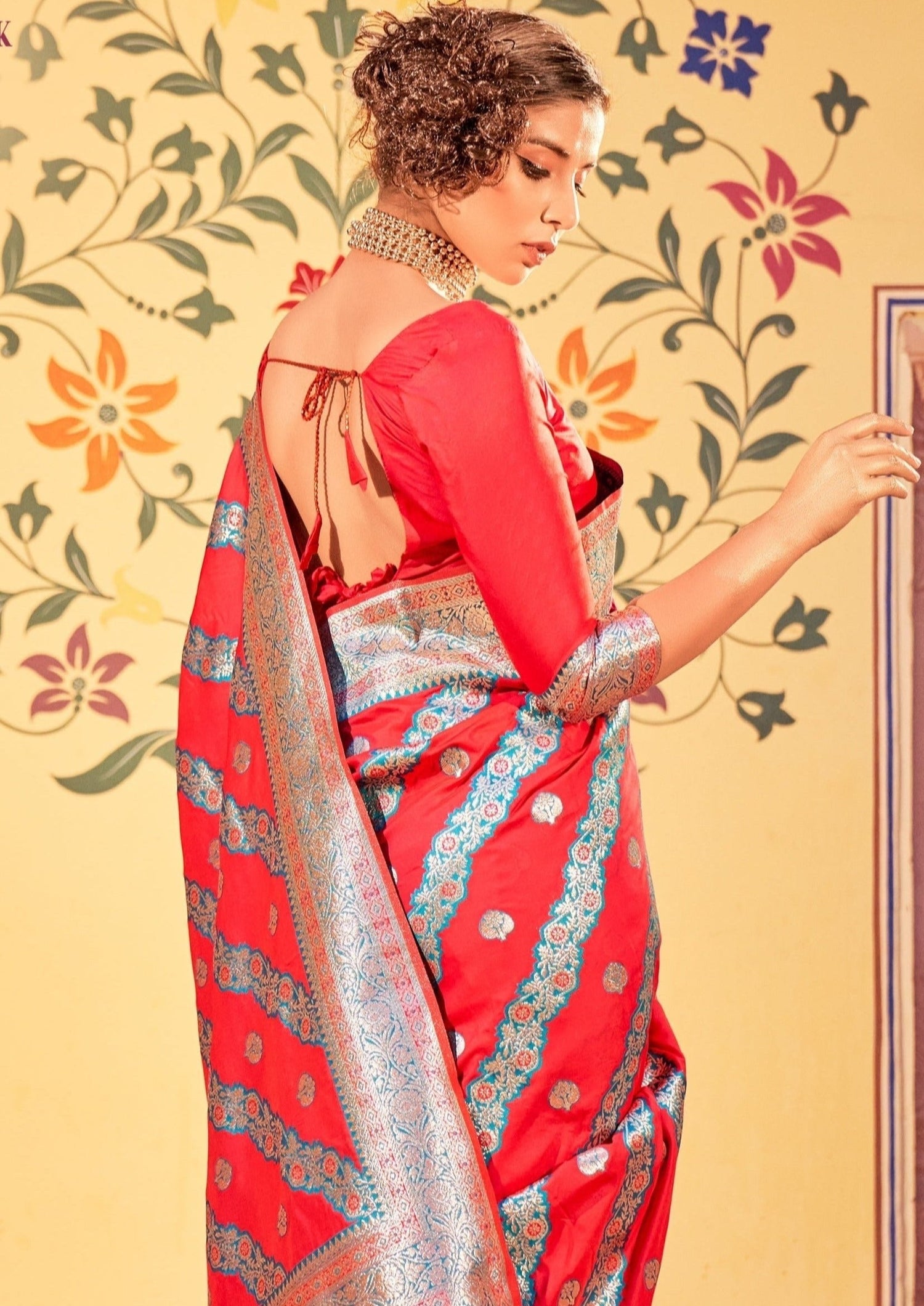 Red banarasi silk bridal saree online with golden border.