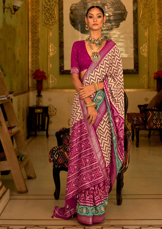 Patola Off White and Pink Saree