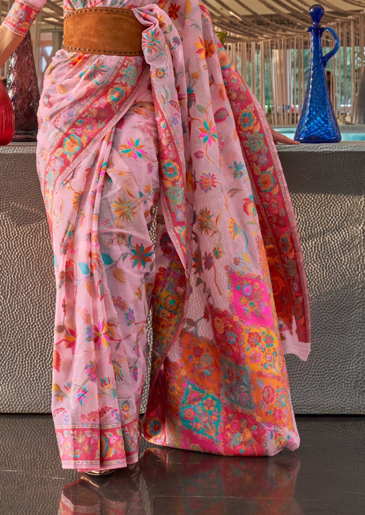 Kashmiri Silk Baby Pink Handloom Saree