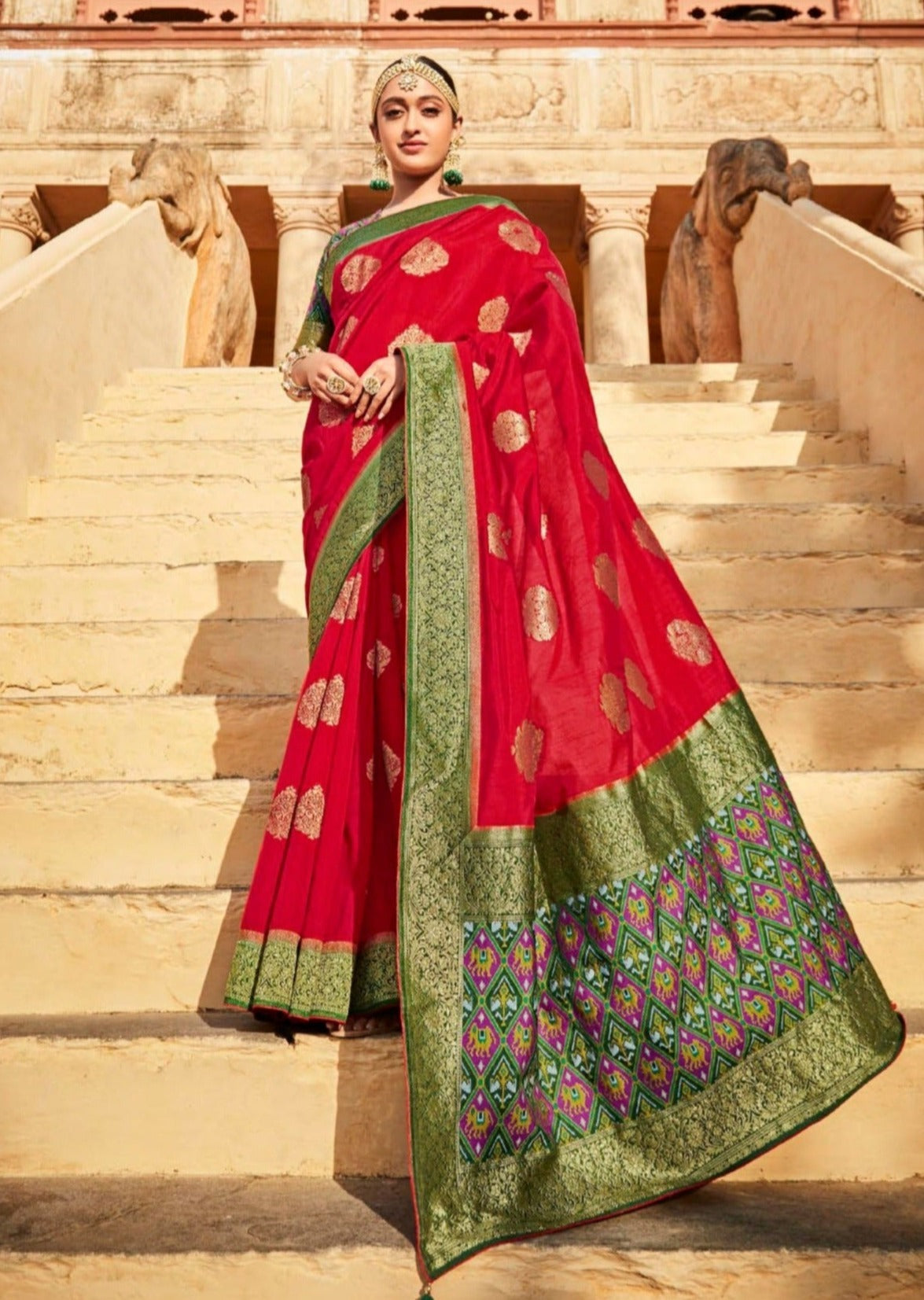 Red banarasi patola silk saree online for wedding.