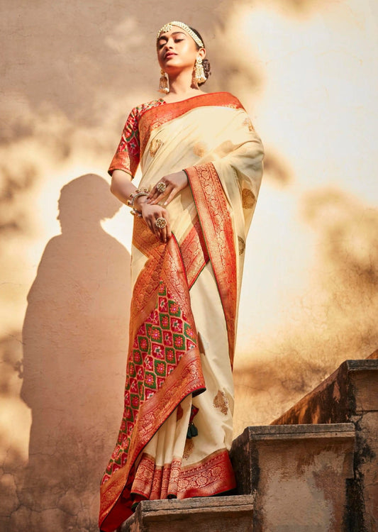 Handwork banarasi patola silk white saree online usa fast delivery with fall pico.