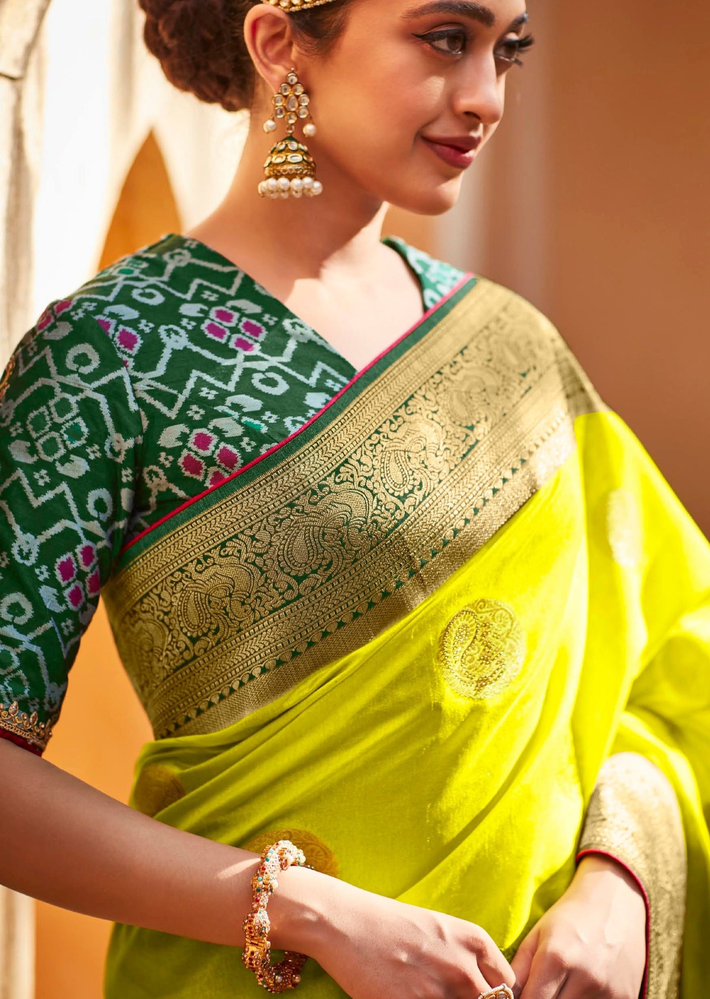 Handwork Banarasi Patola Silk Lime Yellow Saree