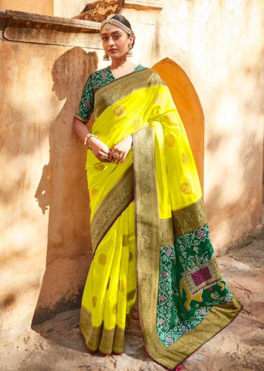 Handwork banarasi patola silk lime yellow saree online.