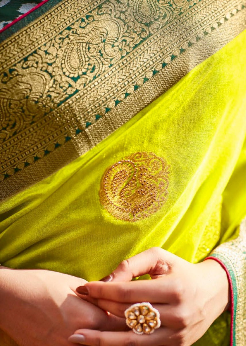 Handwork Banarasi Patola Silk Lime Yellow Saree