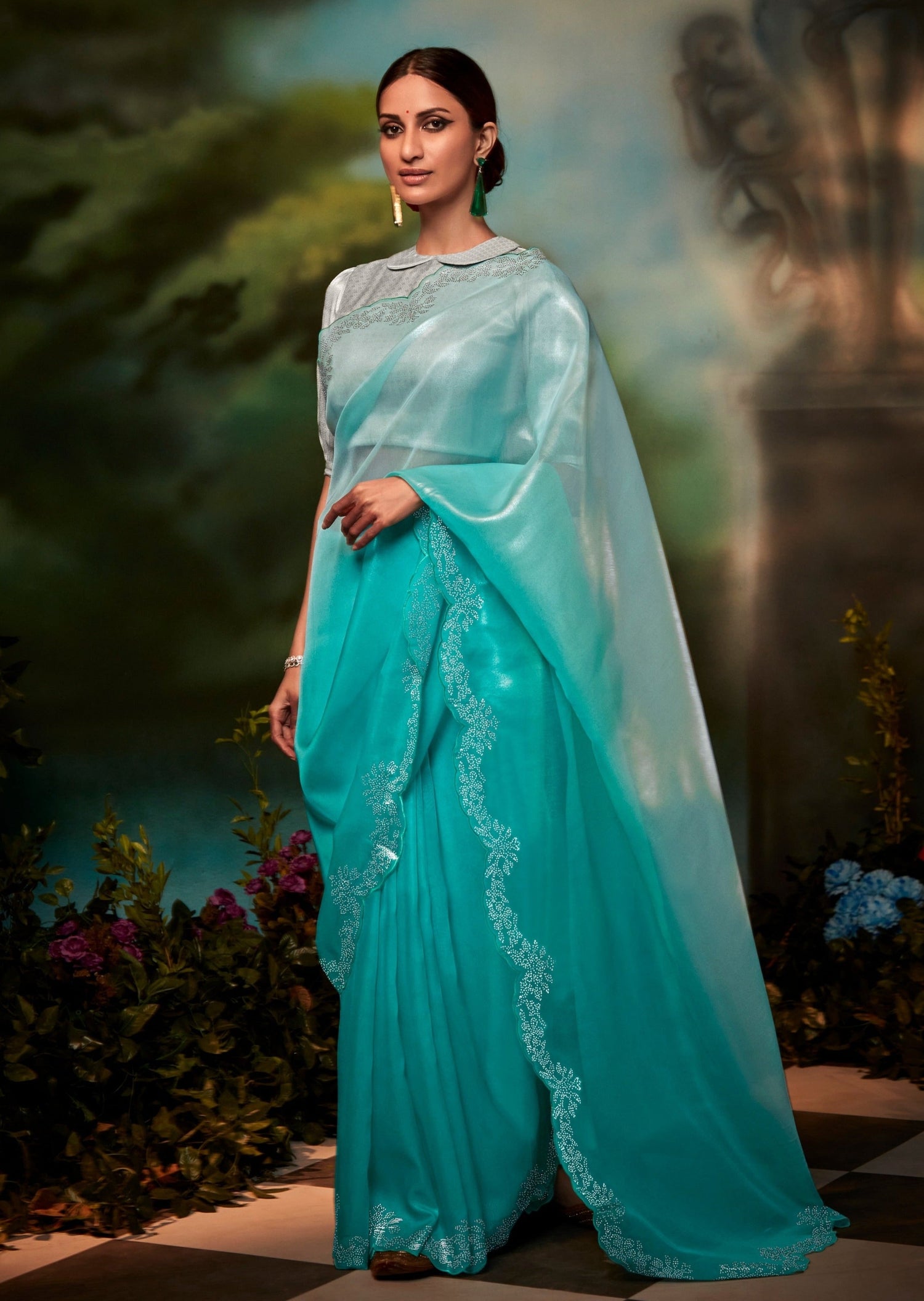 Blue pure organza silk saree online usa shopping with price.
