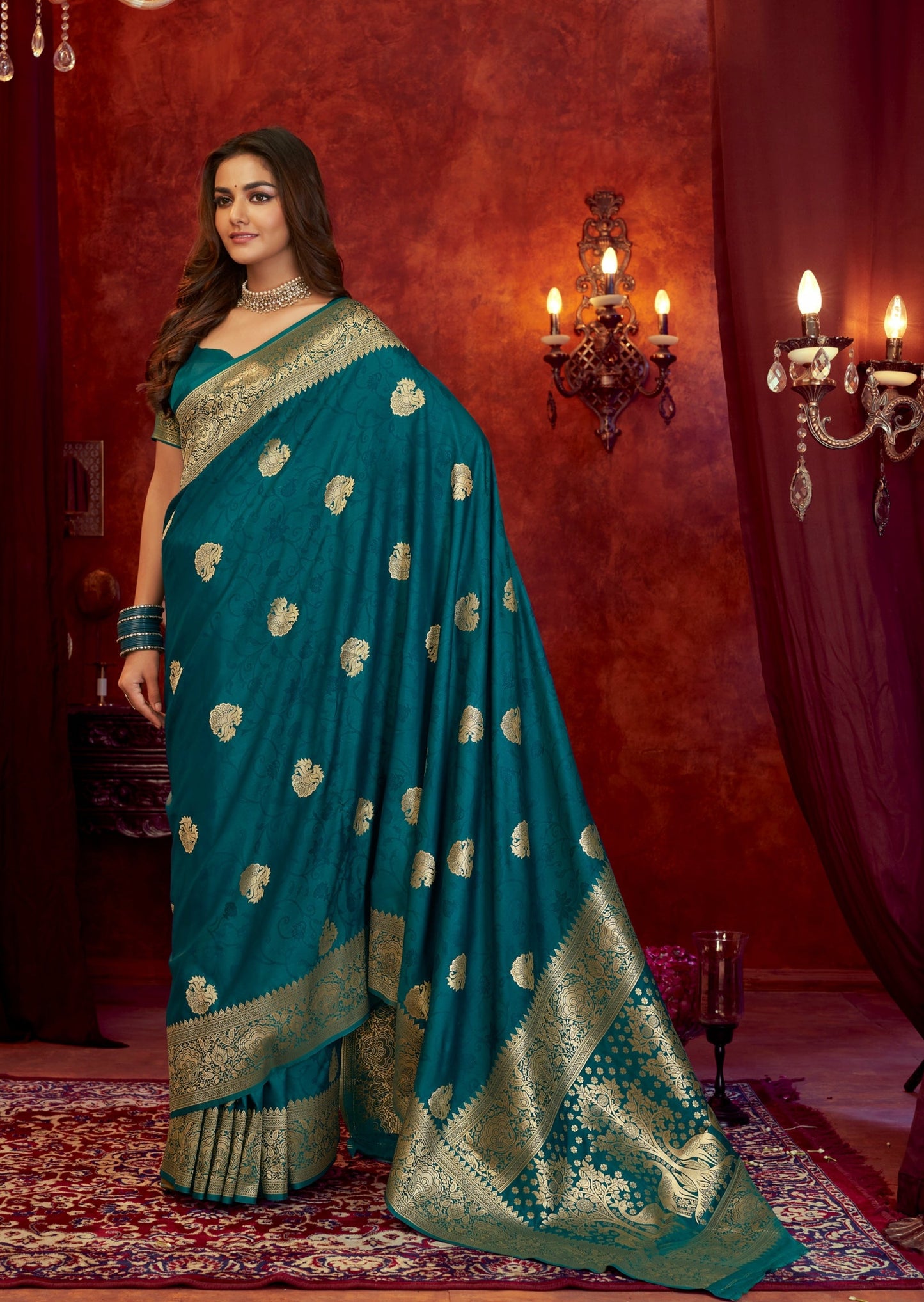 Pure Silk Weaving Teal Blue Handloom Banarasi Saree